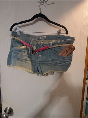 Mudd Light Blue Denim Cutoff Shorts with Pink Accent Belt